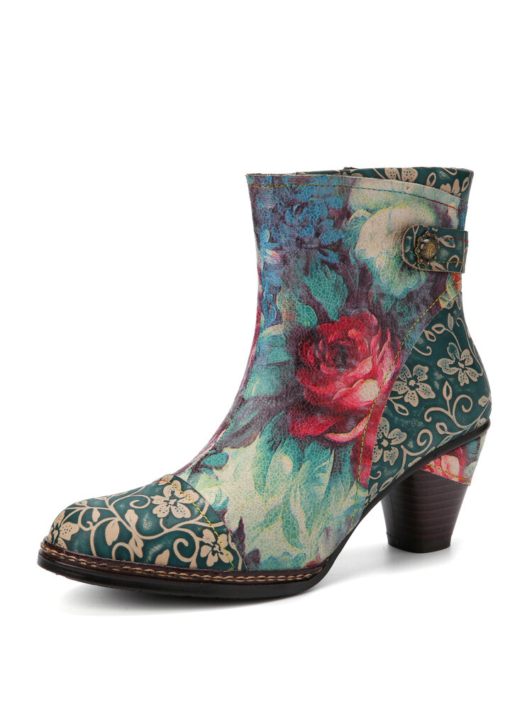 Socofy Vintage Floral Print Embossed Leather Side-zip Comfortable Chunky Heel Short Boots