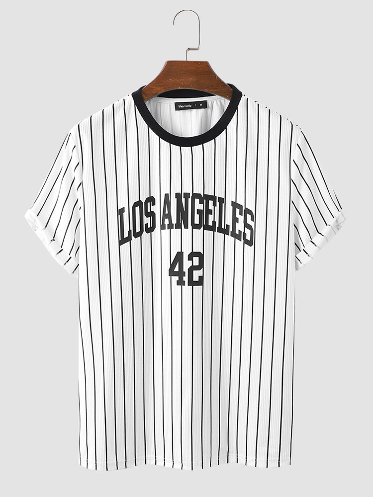 Mens LA Number Print Stripe Contrast Collar Short Sleeve T-Shirts