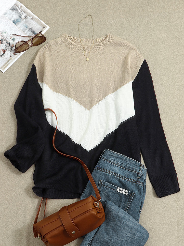 Contrast Color Long Sleeve O-neck Loose Sweater For Women