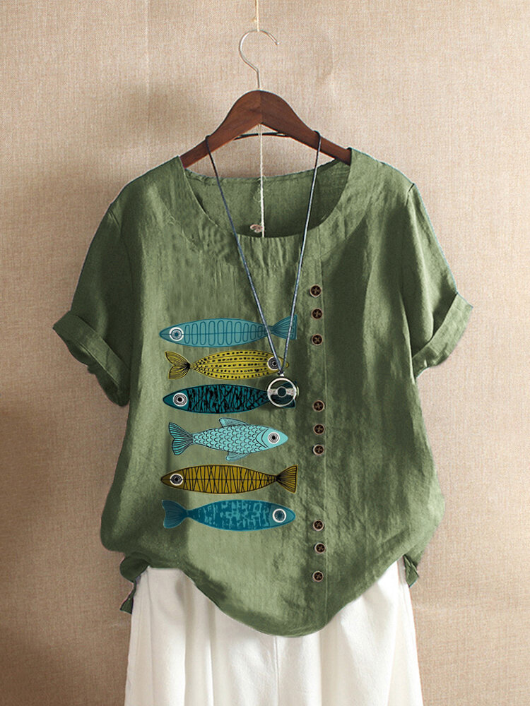 Lässiges, kurzärmliges O-Neck-Baumwoll-T-Shirt mit Fischaufdruck für Damen