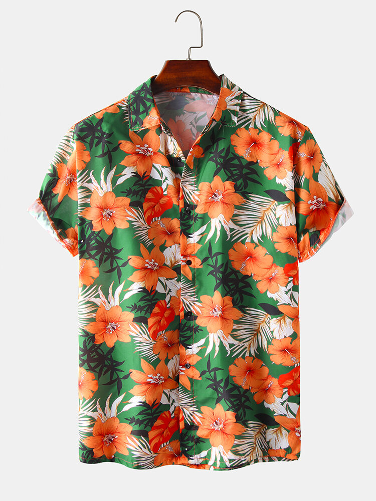 Mens Holiday Floral Printed Cotton Breathable Casual Short Sleeve Shirts