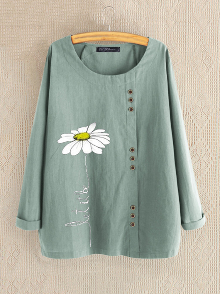 Women Floral Print Crew Neck Button Design Cotton Blouse