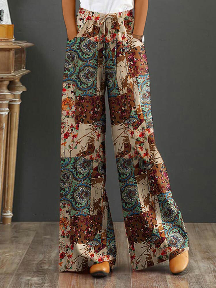 Pantalon droit en coton imprimé vintage pour femmes avec cordon de serrage à la taille
