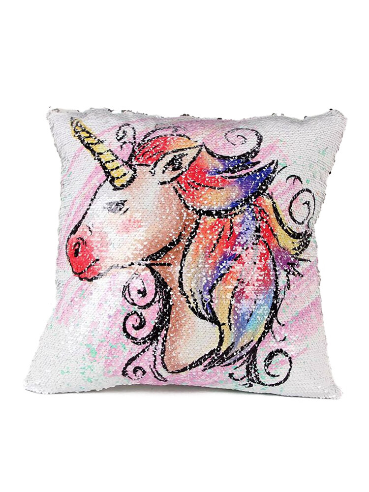 Mermaid Unicorn Sequins Cushion Cover Two Color Changing Reversible Throw Pillow Cases 