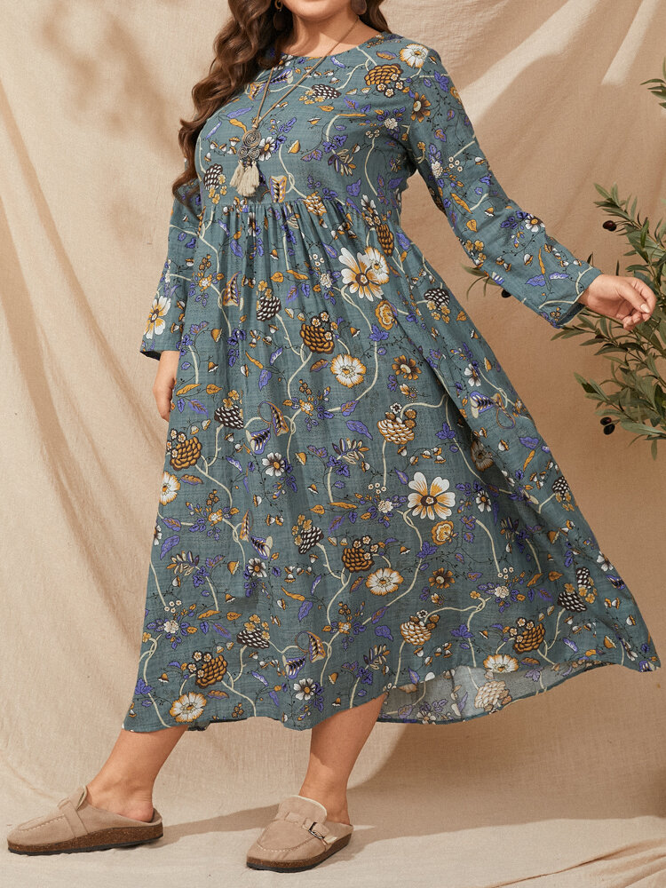 Plus Size Floral Print O-neck Long Sleeve Casual Dress