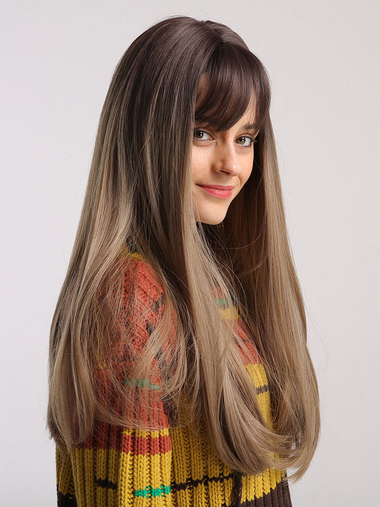 24 Inch Brown Gradient Milk Tea Color Bangs Long Straight Hair  Wig Vertical Natural Soft Synthetic Wig