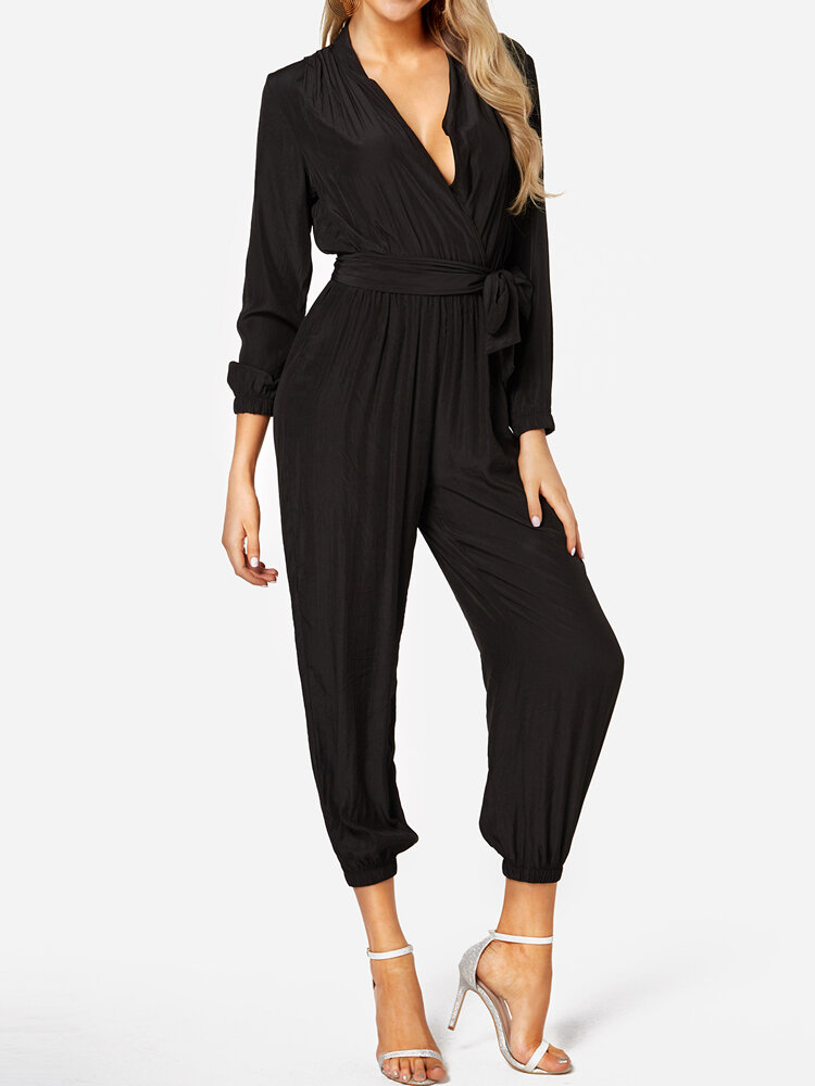 Solid Color Knotted Waistband Long Sleeve Casual Jumpsuit for Women