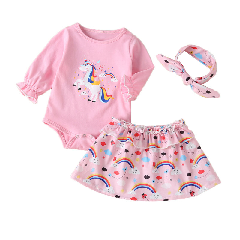 Baby Unicorn Rainbow Print Long Sleeves Casual Rompers Dress Set For 0-18M