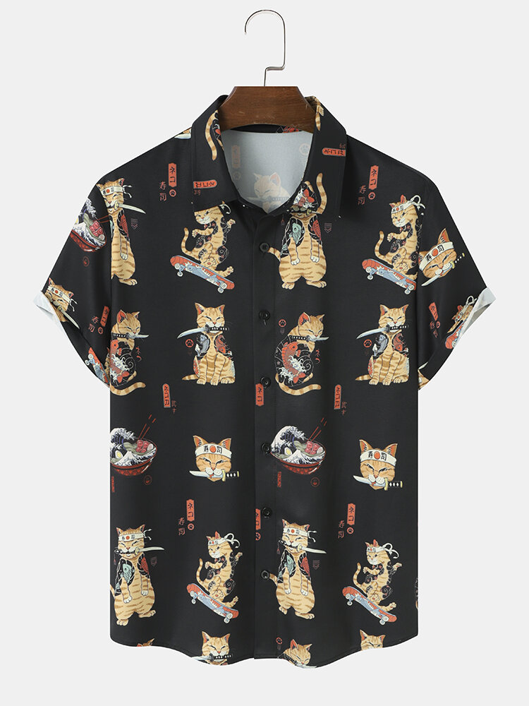 Mens All Over Warrior Cat Print Japanese Style Short Sleeve Shirts