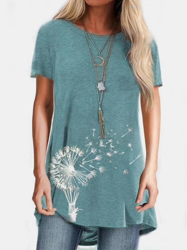 Short Sleeve Flower Print O-neck T-shirt For Women