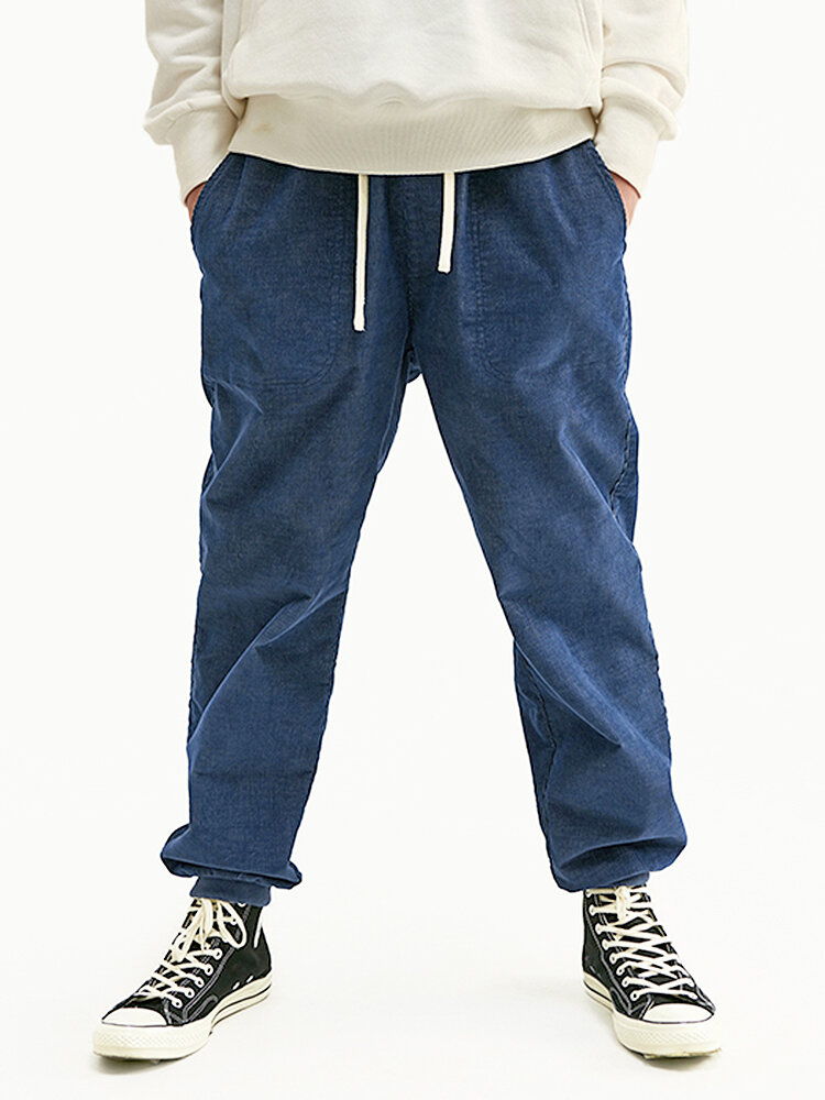 Mens Solid Color Corduroy Drawstring Elastic Cuff Pants With Back Flap Pockets
