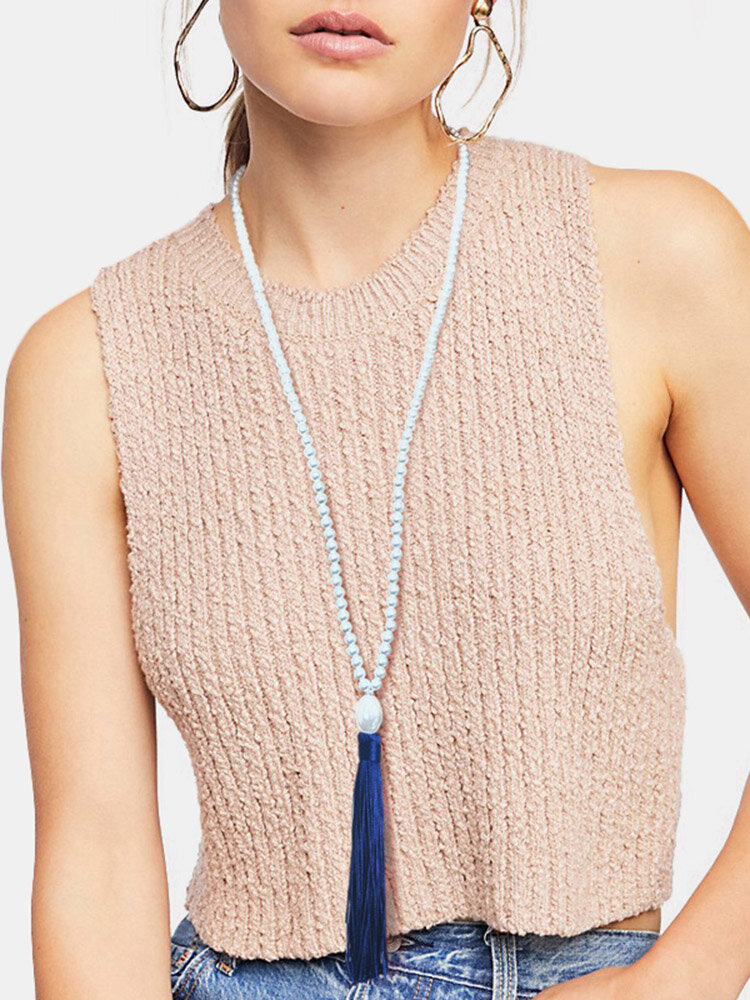 10 Farben Bohemian Pearl Beaded Halskette Strass Quaste Anhänger Halskette Pullover Kette