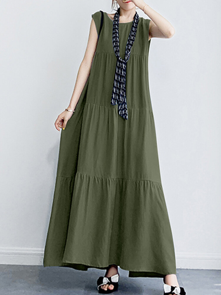 

Solid Ruffle Sleeveless Vacation Casual Maxi Dress, Black;light gray;army green