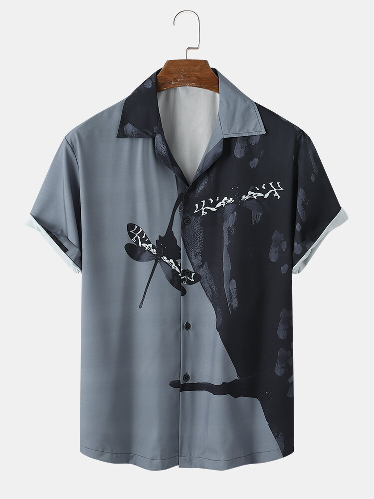 Mens All Over Contrast Dragonfly Print Lapel Street Short Sleeve Shirts