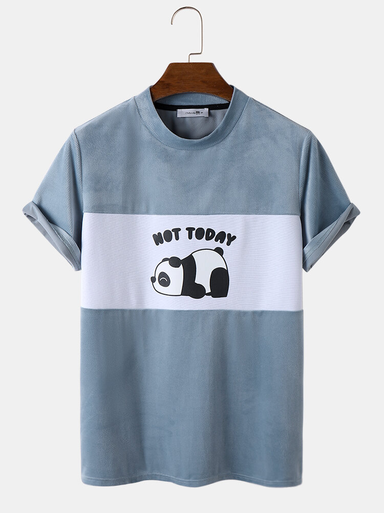 Mens Cartoon Panda Letter Print Texture Short Sleeve T-Shirts