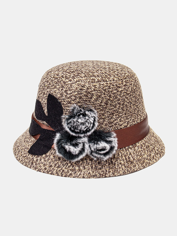 Women Felt Fashion Elegant Floral Pattern Keep Warm Thermal Hat Bucket Hat