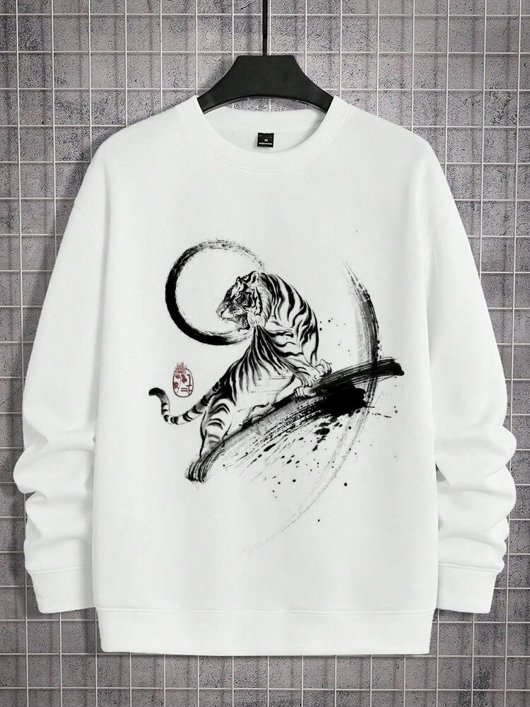 Mens Chinese Tiger Ink Painting Crew Neck Pullover Sweatshirts Winter