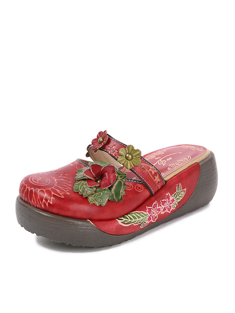 SOCOFY Retro Women Red Flower Soft Lazy Backless Genuine Leather Shoes Slippers 