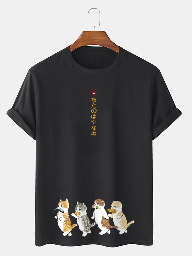 Mens Japanese Cartoon Cat Print Cotton Short Sleeve T-Shirts