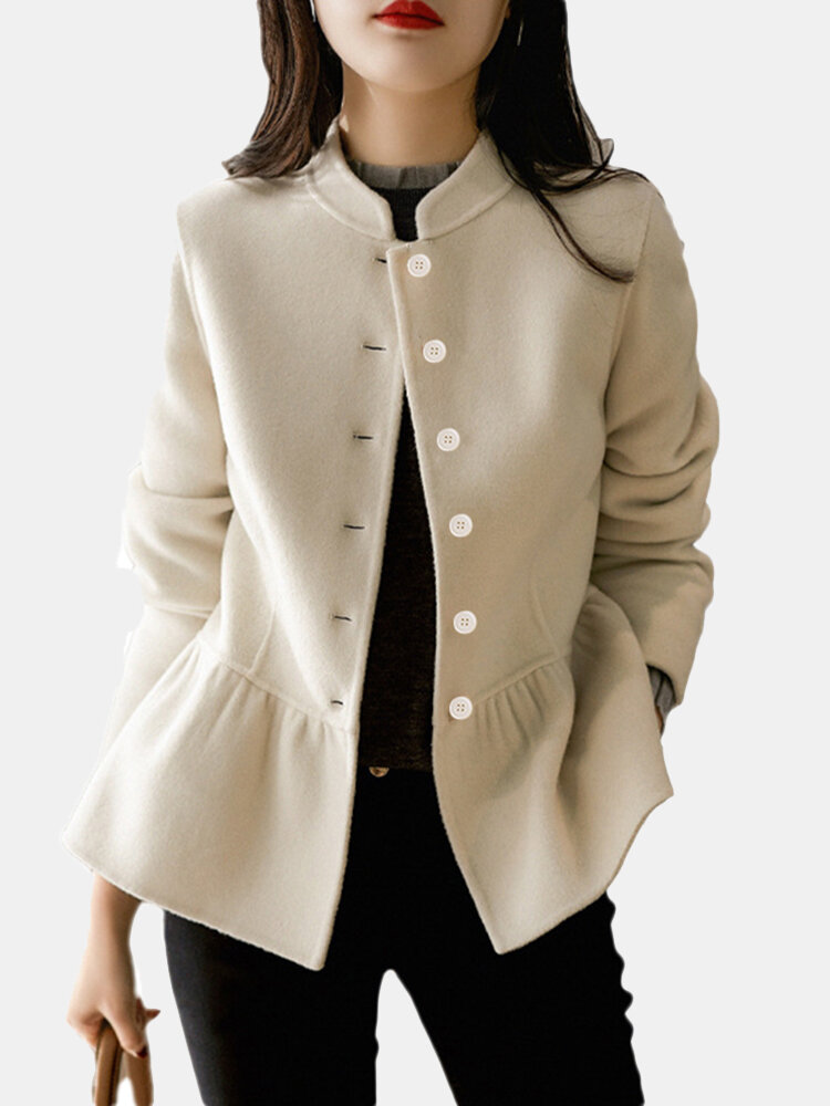 Solid Stand Collar Button Front Long Sleeve Jacket