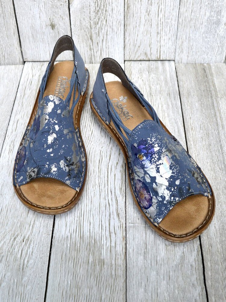Large Size Casual Peep Toe Printing Slip On Flat Sandals For Women