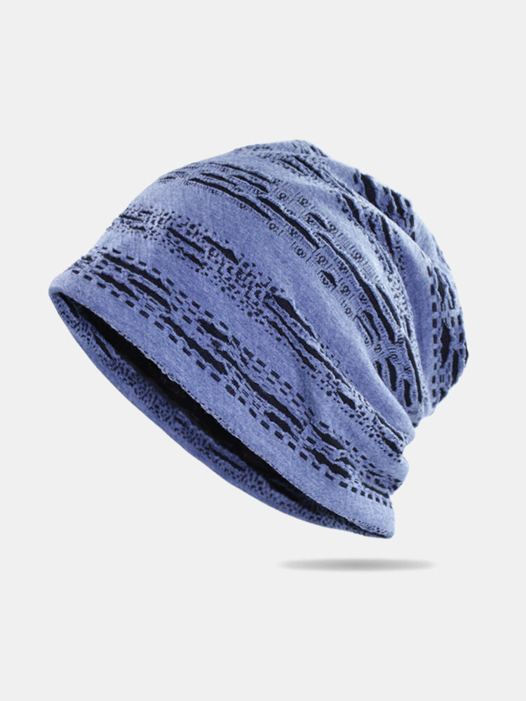 Unisex Cotton Geometric Striped Horizontal Broken Hole Double-layer Breathable Fashion Brimless Beanie Hat