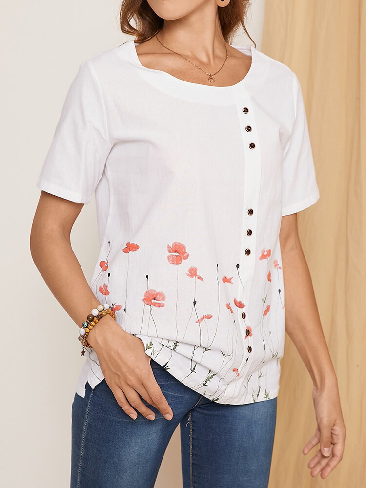 Floral Print Button O-neck Short Sleeve Casual T-Shirt For Women