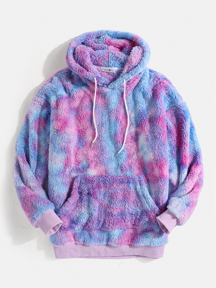 Mens Colorful Tie-Dye Fluffy Pouch Pocket Teddy Hoodie