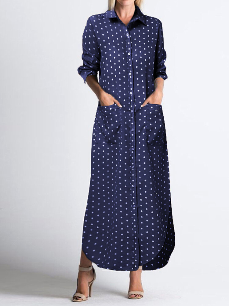Polka Dot Print Splited Long Sleeve Casual Dress For Women