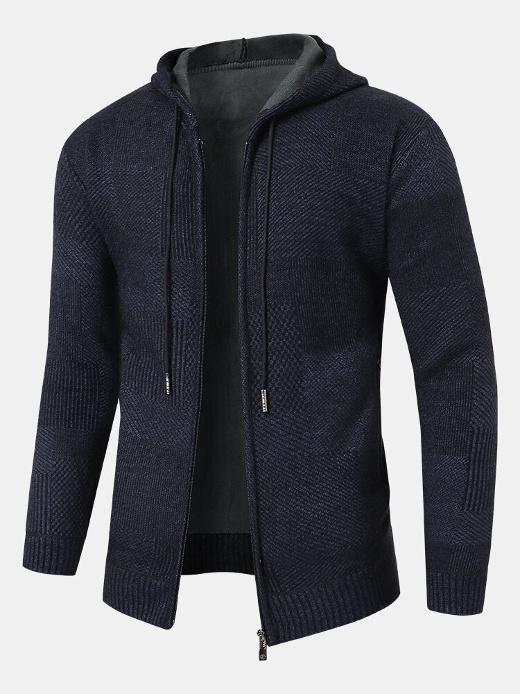 Mens Knitted Zip Front Casual Drawstring Hooded Cardigans With Pocket