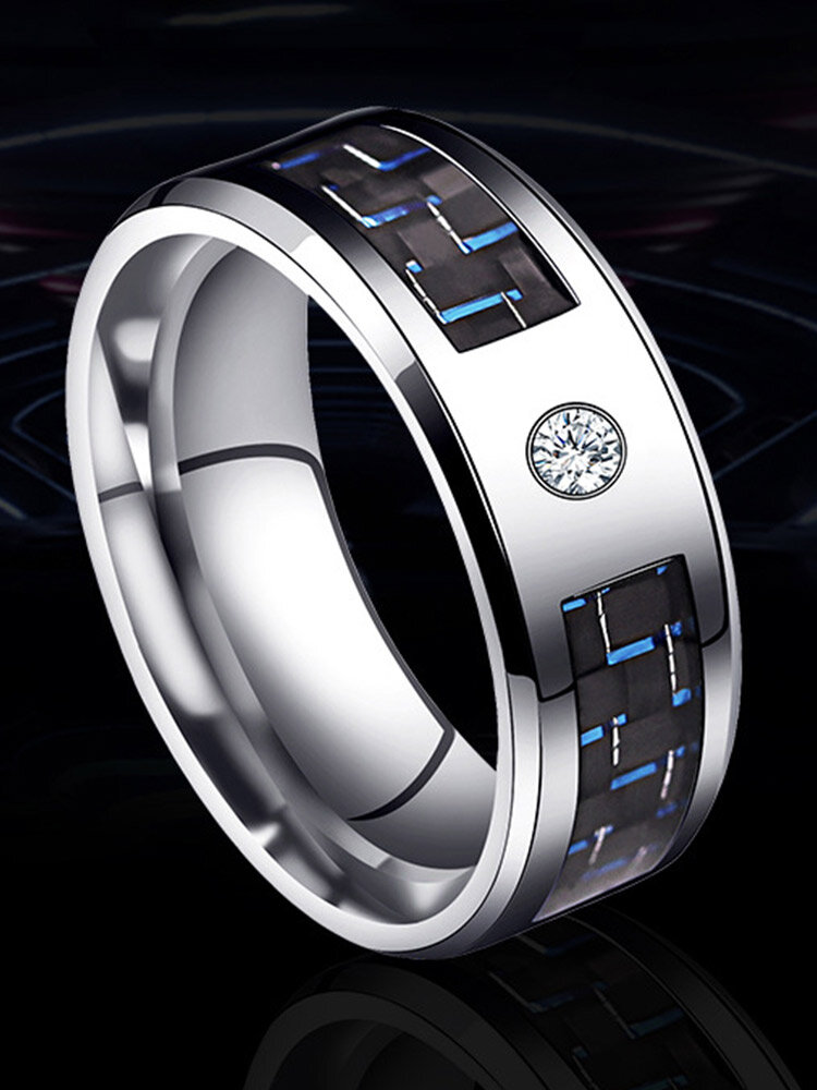 Trendy Simple Icon Pattern Inlaid Carbon Fiber Zircon Circle-shaped Titanium Steel Ring