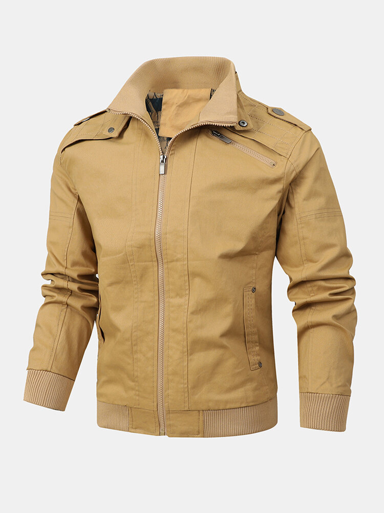 Mens Cotton Solid Color Zip Front Casual Jackets With Pockets