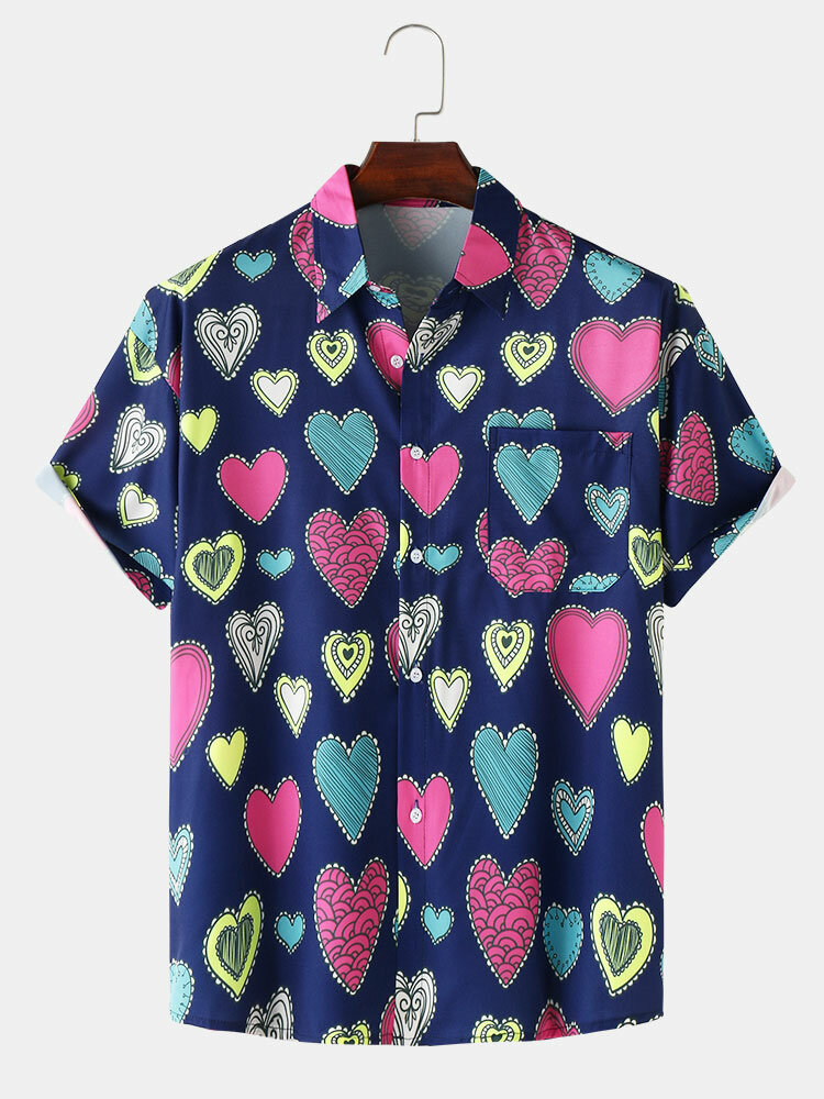 Mens Colorful Heart Graphics Lapel Street Short Sleeve Shirts