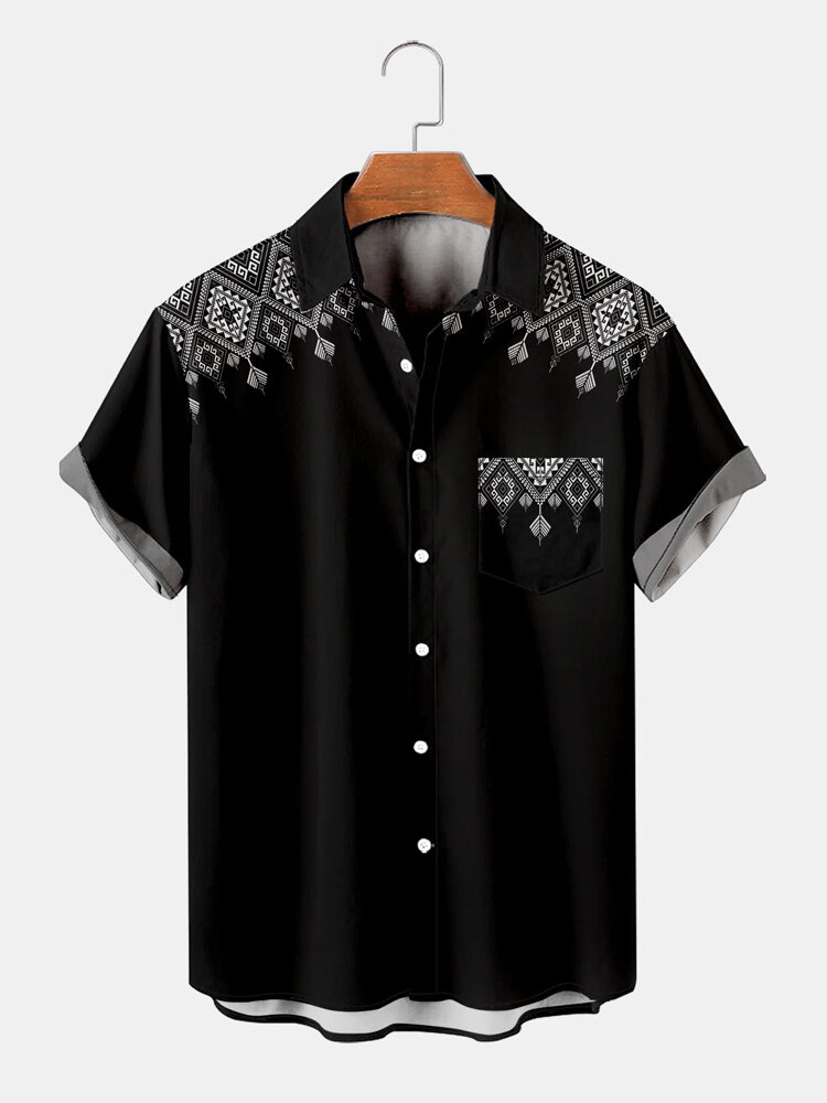 Mens Monochrome Geometric Print Lapel Ethnic Short Sleeve Shirts