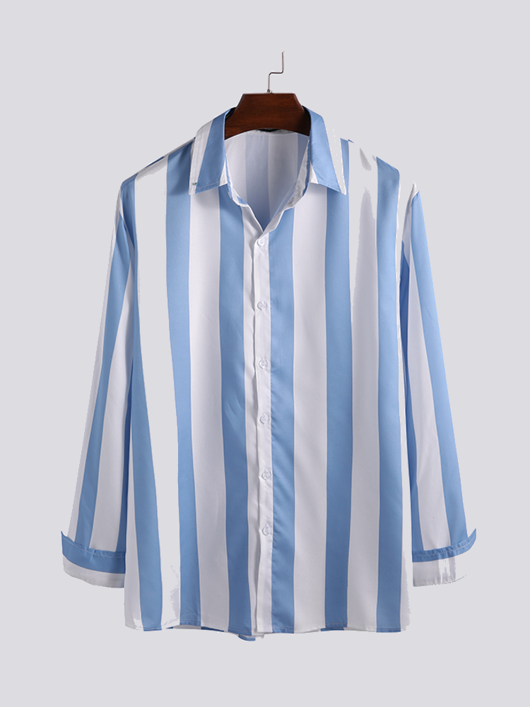 Men's Hit Color Striped Long Sleeve Turn Down Collar Casual Shirts