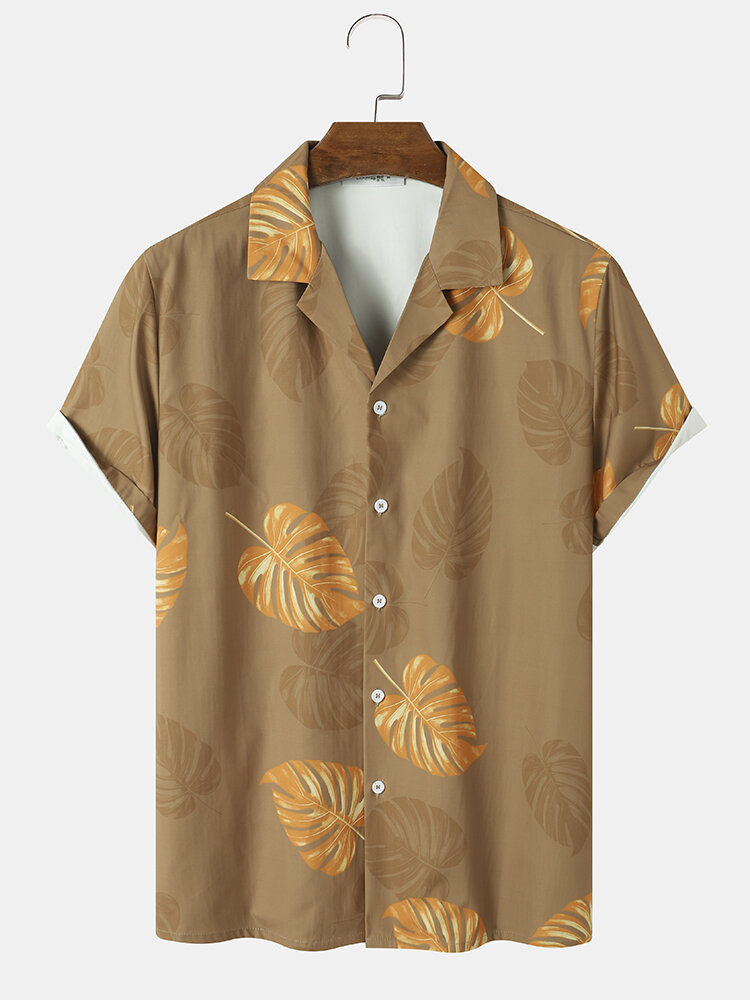 Mens Tropical Leaf Print Camp Collar Short Sleeve Shirts