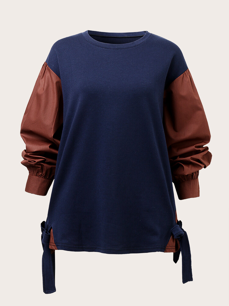 Plus Size Contrast Color Round neck Knotted Casual Sweatshirt