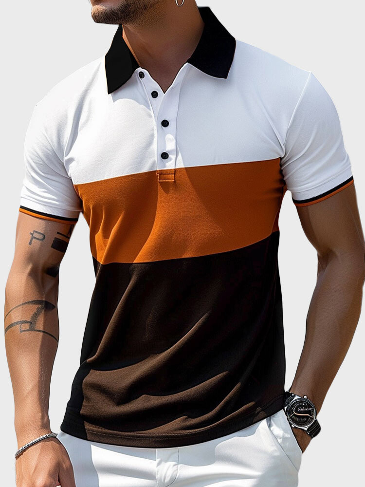 

Mens Color Block Patchwork Half Button Casual Short Sleeve Golf Shirts, White