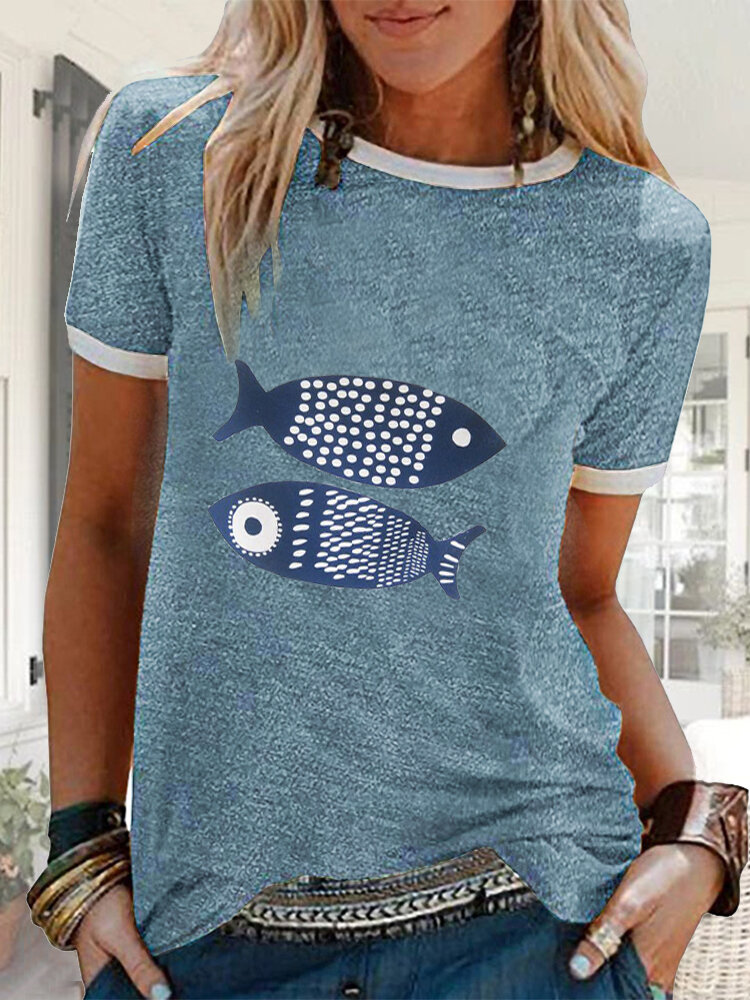 Cartoon Fish Print Short Sleeve Casual T-shirt