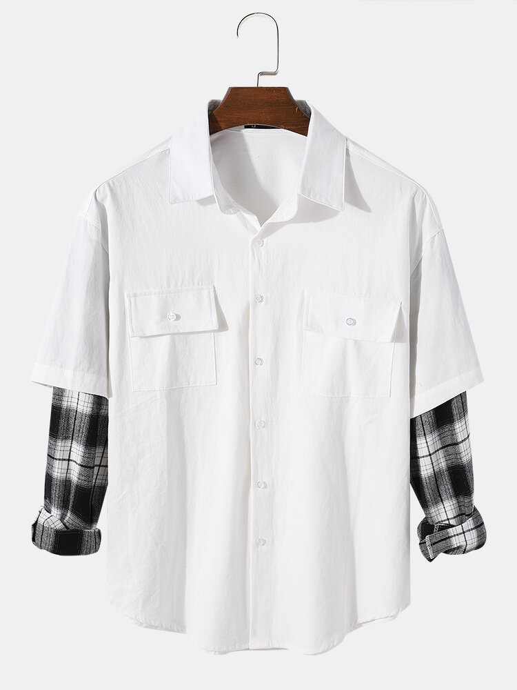 Mens Plain Double Pocket Patchwork Plaid Long Sleeve Shirt With Pocket