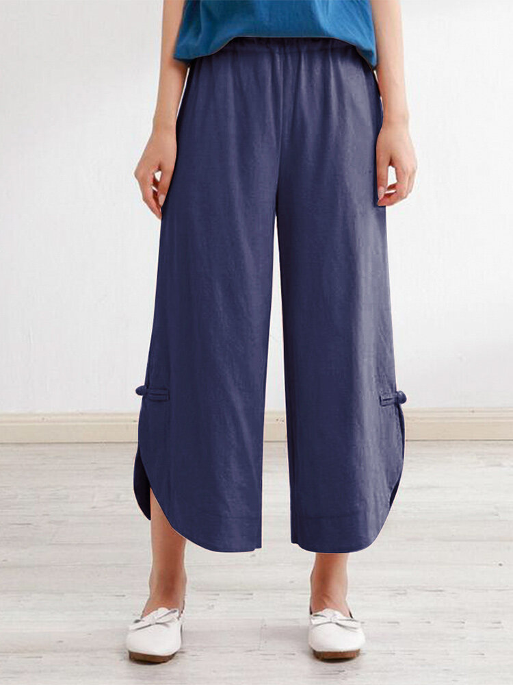 Casual Solid Elastic Waist Wide-leg Frog Button Pants With Pocket