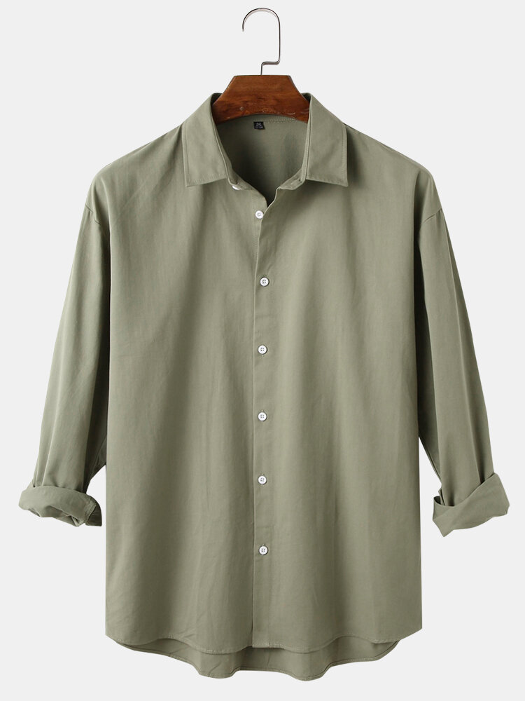 Mens Simple Solid Color Lapel Casual Fit High Low Hem Long Sleeve Shirts