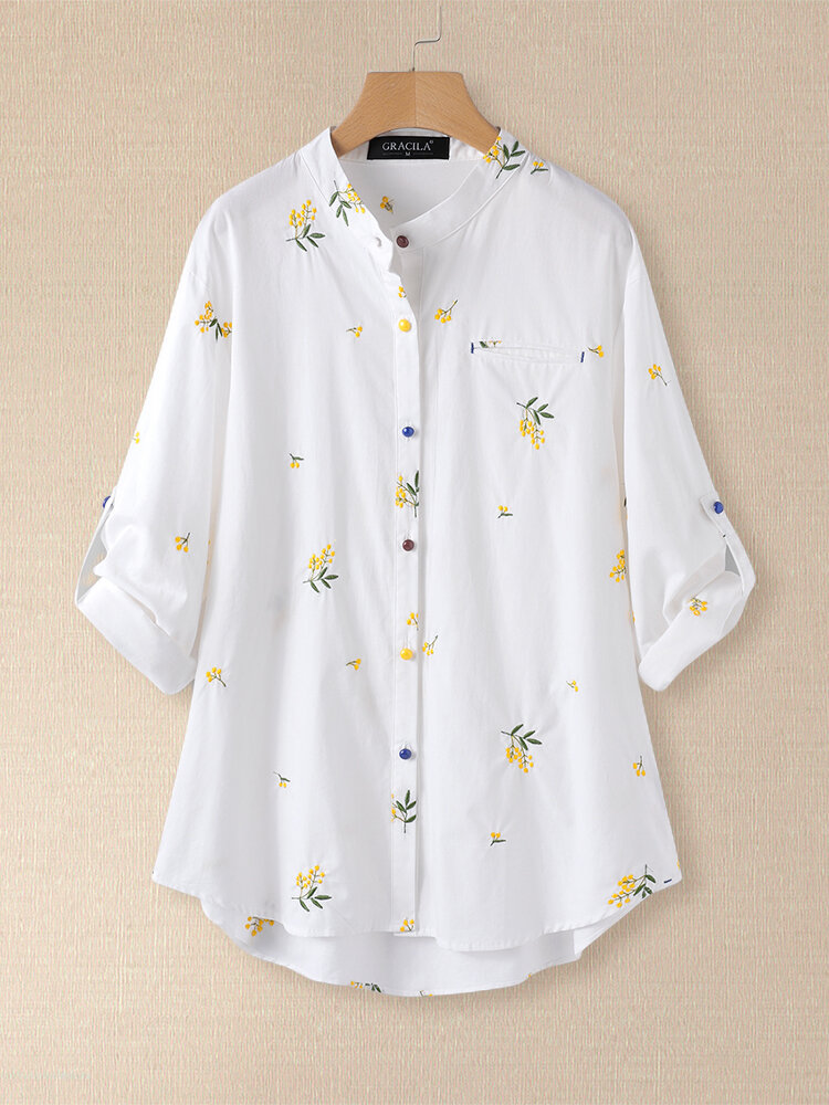 Floral Embroidery Long Sleeve Stand Collar Blouse For Women