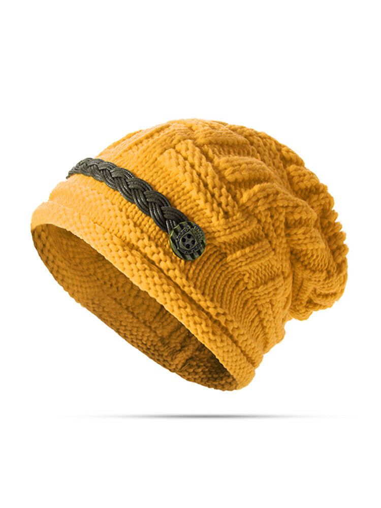 Knit Crochet Buttons Strap Cap Decorative Braids Baggy Beanie Hat