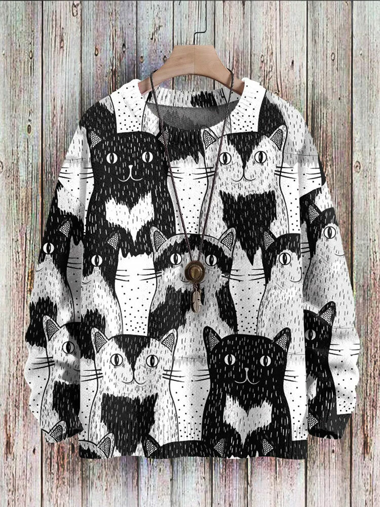Mens Allover Cartoon Cat Print Crew Neck Pullover Sweatshirts Winter