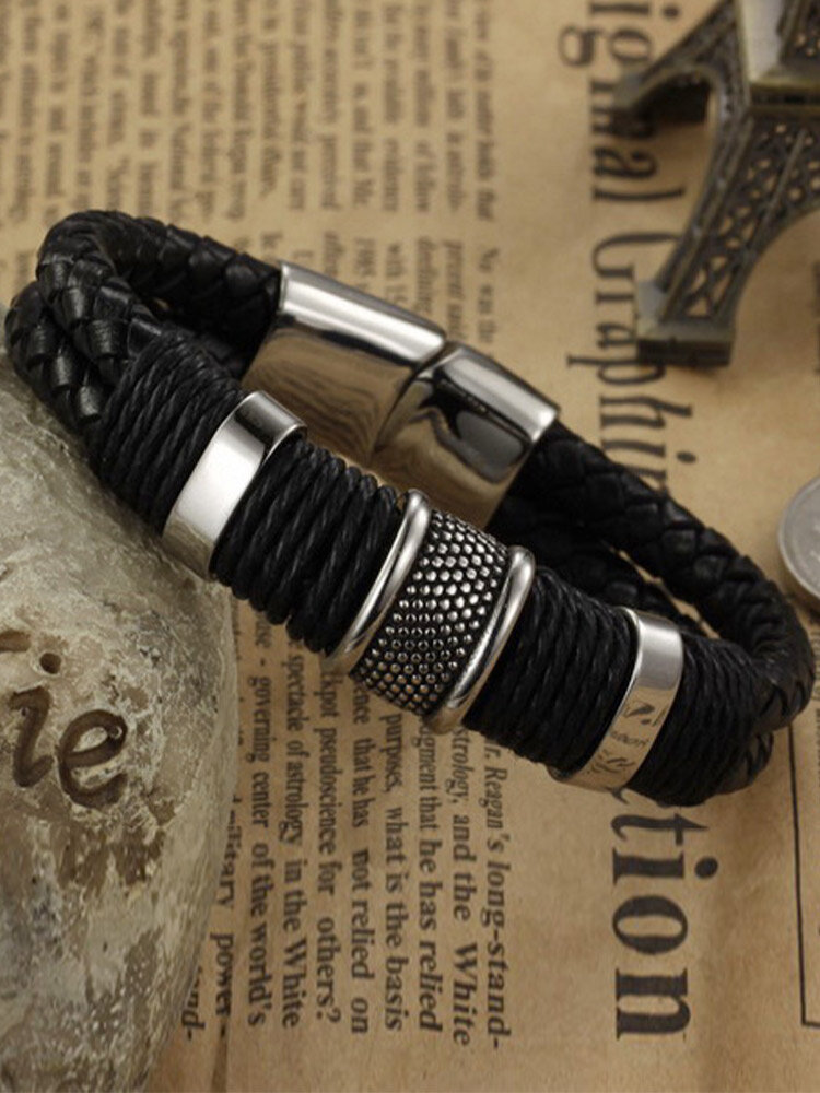 Vintage Geometric-shaped Hand-woven Magnetic Buckle Stainless Steel Genuine Leather Bracelet