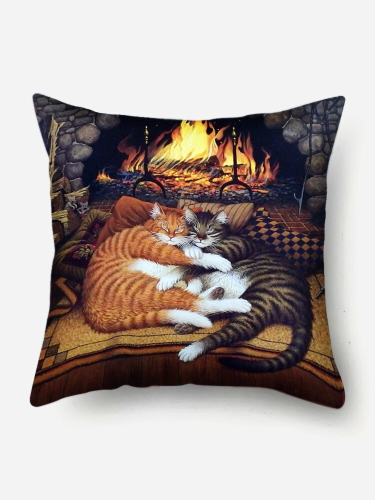 Sleeping Cats Pattern Linen Cushion Cover Home Sofa Art Decor Throw Pillowcase