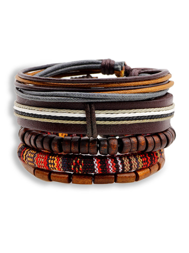 Multilayer Wood Bead Bracelet Casual Fashion Braided Leather Bracelets for Men Women
