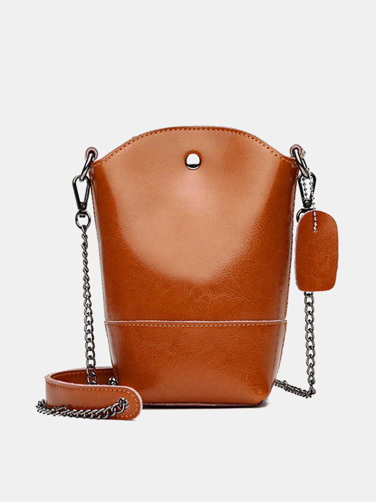 Women Genuine Leather Vintage Bucket Bag Solid Phone Bag Leisure Mini Crossbody Bag