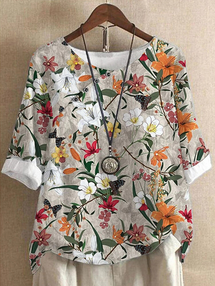 Women Floral Plant Print Oblique Button Half Sleeve Blouse